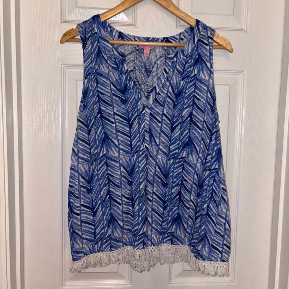 Lilly Pulitzer Blue White Leaf Print Sleeveless Fringe Hem Tank Top Size L